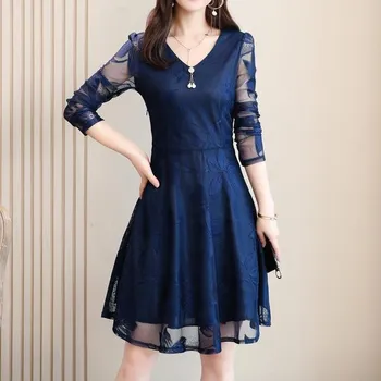 Dámské šaty Čína Elegantní společenské šaty s dlouhým rukávem, s dvojvrstvým efektem a vyšívanými květy Barva: námořni modrá(LongNavy Blue-A), Velikost: XXL