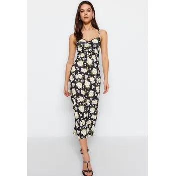 Dámské šaty Trendyol Černý Květinový Vzor Nařasený A-Linie Midi Srdcový výstřih Ramínka, Flexibilní Pletené šaty Trendyol šedá 2247502