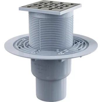 Odvodňovací žlab Alcadrain - Podlahová vpusť 105×105/50/75 mm přímá, mřížka nerez, vodní zápachová uzávěra APV202