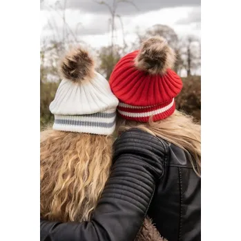 Čepice Červená čepice s pruhy a hnědou bambulí - 20 cm