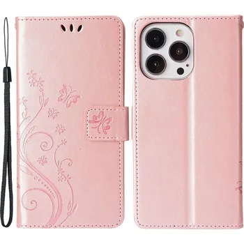 Pouzdro na mobilní telefon Flowers knížkové pouzdro na iPhone 15 Pro - růžovozlaté