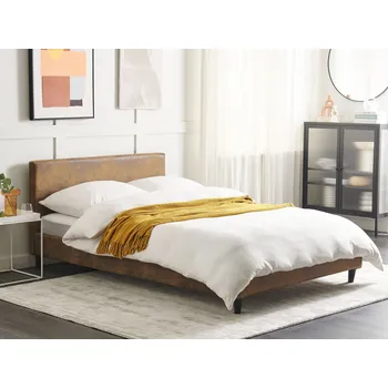 Postel Panelová postel EU king size 140 x 200 cm s roštem hnědá imitace kůže moderní design Beliani