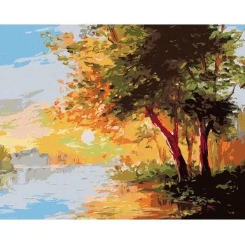 Diamondi Diamantové malování - ŘEKA V JARNÍM LESE A ZÁPAD SLUNCE Rozměr: 40x50 cm, Rámování: bez rámu a bez vypnutí plátna