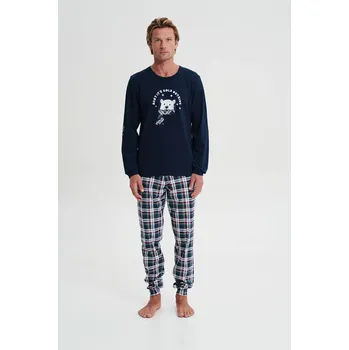 Pánské pyžamo Luxusní pánské pyžamo s medvědem a kostkou Vamp 19706 modré Barva: TMAVĚ MODRÁ, Velikost: XL