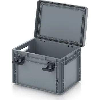 paleta Euro přepravka s víkem s panty Pro 41,1 x 32,8 x 28,6 cm, otevřená - Stříbrošedá - materiál: PP - EDP 43/27