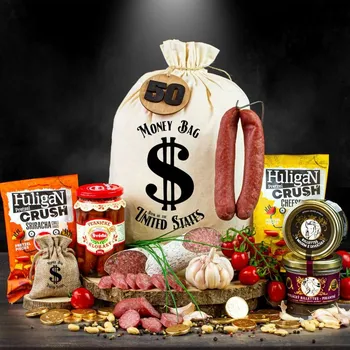 Dárkový potravinový koš Dárkový koš v pytli pro muže, chlapa Mlsoun originální dárek pro muže k narozeninám, vánocům, valentýnu Dollar