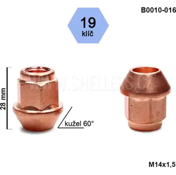 Matice na kolo Kolová matice M14x1,5 kužel otevřená s měděným povrchem, klíč 19, B0010-016, výška 28