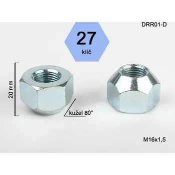 Matice na kolo Kolová matice M16x1,5 otevřená kužel Range Rover, klíč 27, DRR01-D výška 20 mm