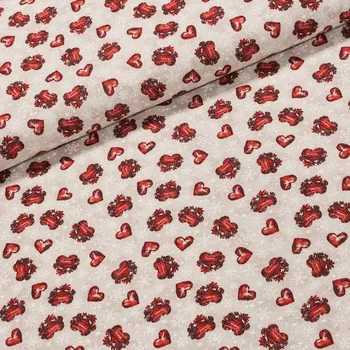 Směsové plátno vánoční VIXEN červená srdíčka na béžové s vločkami, š.140cm (látka v metráži)
