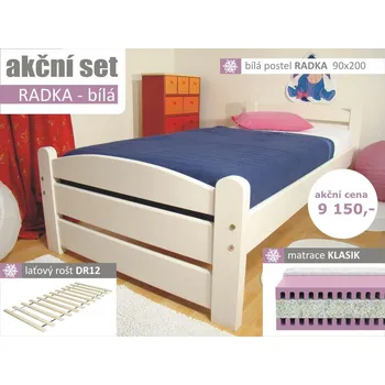 Ložnicová sestava akční set RADKA BÍLÁ jednolůžko + rošt + matrace (akční set RADKA- bílá postel z masivu sleva)