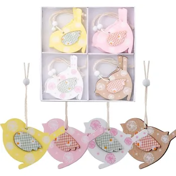 Dekorace do dětského pokoje Dřevěný závěs, ptáčci v krabičce, mix, barevná, 8ks, 90x65mm