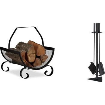 Koš na krbové dřevo-kovový RELAXDAYS, 40 x 33 x 38 cm, černý Krbový koš + nářadí