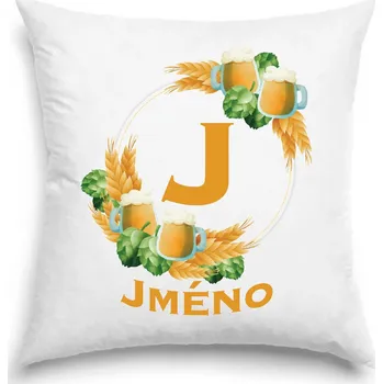 Dekorativní polštářek Polštář - Pivní věnec s monogramem a jménem na přání