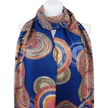 Šátek Dámský teplý obdélníkový šál 3015-42 abstraktní kolečka se zlatou nitkou, tmavě modré barvy 7200558-1