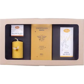 Kosmetická sada Pleva Kouzlo včelích pokladů - Medový krém na ruce 50 g, Medový balzám na rty v kelímku 20 g, Chopollen - BIO hořká čokoláda s rouskovým pylem 85 g, Svíčka ze včelího výška 6,7 cm a průměr 4 cm, Ozdobný špendlík Včela 1 ks, dárková sada