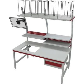 Dílenský stůl Kompletní balicí stanice Rocholz Akzent SYSTEM FLEX, 1600 x 800 x 690 - 960 mm, bílý hliník/červený