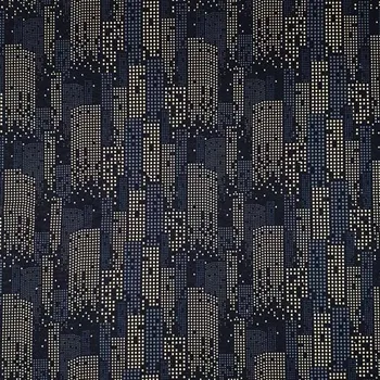 Teplákovina B0087 tmavě modrá, modro-žluté mrakodrapy, š.170