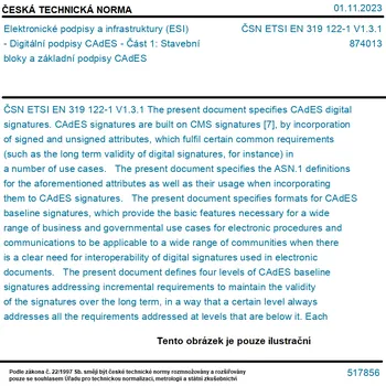 ČSN ETSI EN 319 122-1 V1.3.1 - Elektronické podpisy a infrastruktury (ESI) - Digitální podpisy CAdES - Část 1: Stavební bloky a základní podpisy CAdES - Tisk