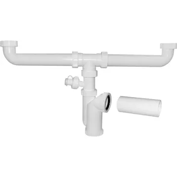 Sifon Dřezový sifon s odbočkou 6/4", pro dvojdřez, pračková odbočka, DN50, bílá 155.133.0