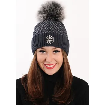 Čepice R-JET Ohrnutá modrá dámská zimní pletená čepice s pravou kožešinovou bambulí