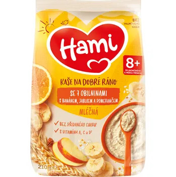 Dětská kaše HAMI Mléčná kaše se 7 obilninami s banánem, jablkem a pomerančem na Dobré ráno 8m+ 210 g