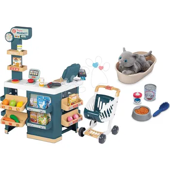 Dětská kuchyňka Set obchod elektronický s váhou a skenerem Super Market a pelech Smoby s plyšovou kočičkou