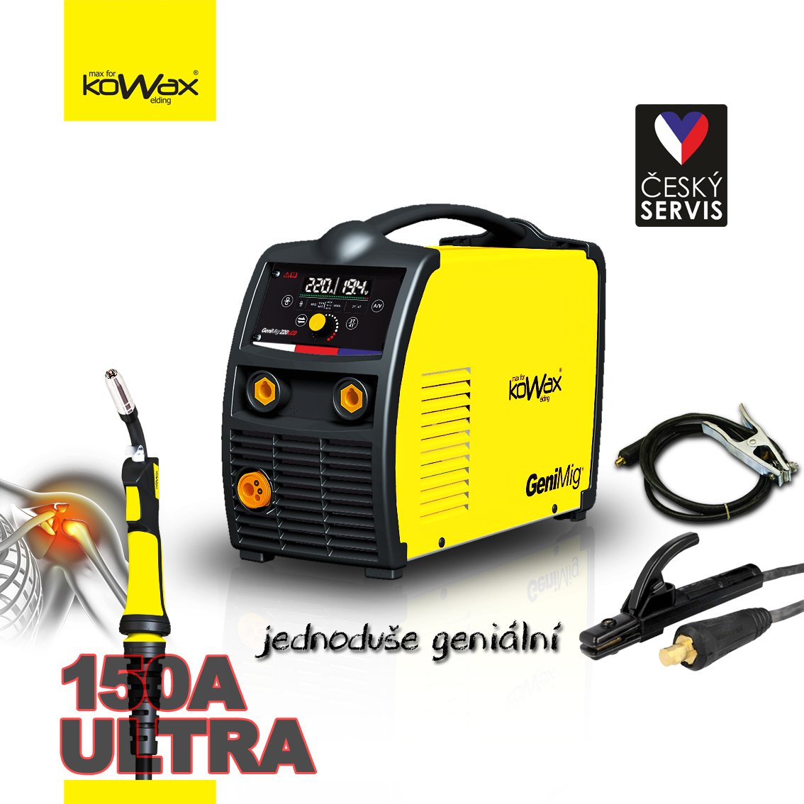 Kowax Svařovací stroj GeniMig 220 LCD + svařovací hořák 150A 4m ULTRA + svařovací kabely 3m Varianta setu: Svařovací stroj + svařovací hořák 150A 4m + svařovací kabely 3m