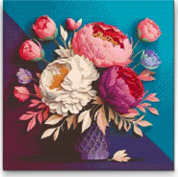 Diamantové malování Diamantové malování - Kytice pivoněk Velikost: 50x50cm, Rámování: Pouze srolované plátno, Diamanty: Kulaté