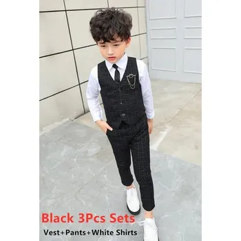 Klučičí elegantní set společenské kalhoty + vesta + košile (1 - 12 let) Barva: Black 3 Pcs Sets, Velikost: 120 (5 let)