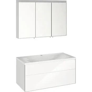 Koupelnový nábytek Set koupelnového nábytku KEUCO Royal Reflex Š x V x H 100 x 48 x 49 cm barva čela lesklá bílá set koupelnového nábytku 3dílný s bílým umyvadlem z minerální litiny a zrcadlovou skříňkou s LED osvětlením podumyvadlová skříňka 39604212100