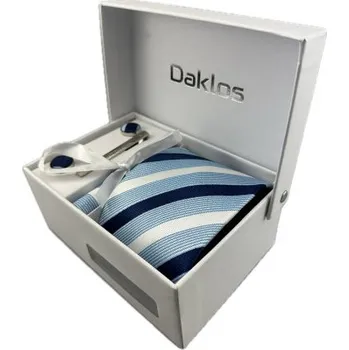 Kravata Luxusní set různé modré a bílé pruhy - Kravata, kapesníček, manžetové knoflíčky, kravatová spona v dárkové krabičce