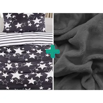 Povlečení Textilomanie Mikroplyšové povlečení hvězdy/pruhy šedé 2x 140 x 200, 2x 70 x 90 cm zipový uzávěr + mikroplyšové prostěradlo Soft 180 x 200 cm tmavě šedé