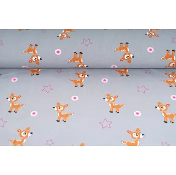 Galanterie Úplet jednolíc,srnky na šedém podkladu , tričkovina, látky, metráž