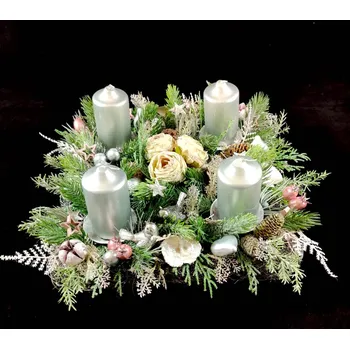 umělá květina Kyticky.cz Adventní svícen - kostka stříbrno - růžová