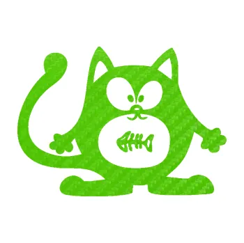 Samolepící dekorace Kočka 042 pravá s rybou v bříšku (58 - 3D karbon zelený kawasaki) SAMOLEPKA NA AUTO, NÁLEPKA, FÓLIE, POLEP, TUNING, VLASTNÍ TEXT, TISK, AUTOSAMOLEPKY.cz, POLEPY, OBRÁZEK, LOGO, 3D STICKERS