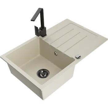 Mexen Bruno granitový dřez 1-komorový s odkapávačem a kuchyňskou baterií Rita, béžový - 6513-69-670300-70 Granitové dřezy s baterií