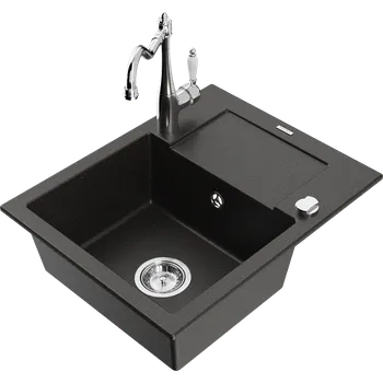 Granitový dřez Mexen Enzo granitový dřez 1-komorový s odkapávačem a kuchyňskou baterií Carla, černý/zlatý metalický - 6506-75-670700-00 Granitové dřezy s baterií