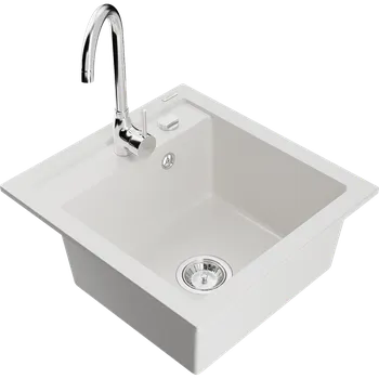 Granitový dřez Mexen Vito granitový dřez s 1 komorou a kuchyňskou baterií Telma, bílý - 6503-20-670200-00 Granitové dřezy s baterií