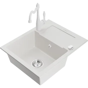 Granitový dřez Mexen Enzo granitový dřez 1-komorový s odkapávačem a kuchyňskou baterií Carla, bílý - 6506-20-670700-20 Granitové dřezy s baterií