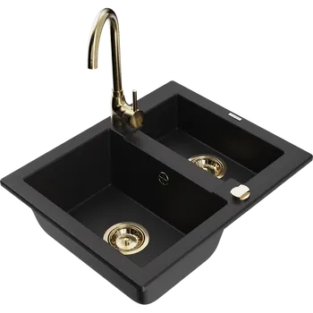 Granitový dřez Mexen Carlos granitový dřez 1,5-komorový s kuchyňskou baterií Telma, černý - 6518-77-670200-50 Granitové dřezy s baterií