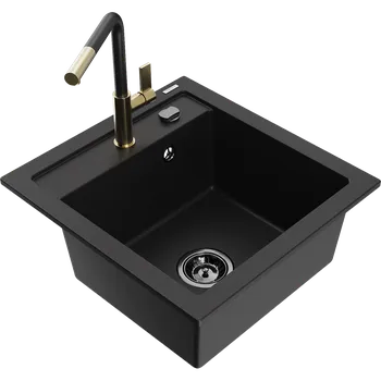 Granitový dřez Mexen Vito granitový dřez s 1 komorou a kuchyňskou baterií Flora, černý - 6503-77-670401-57-B Granitové dřezy s baterií