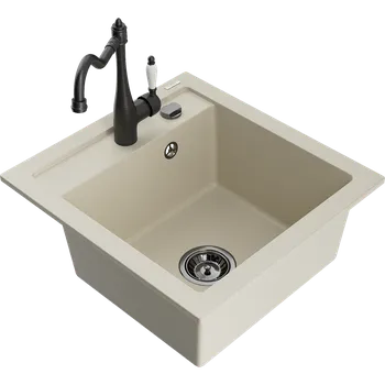 Granitový dřez Mexen Vito granitový dřez s 1 komorou a kuchyňskou baterií Carla, béžový - 6503-69-670700-70 Granitové dřezy s baterií