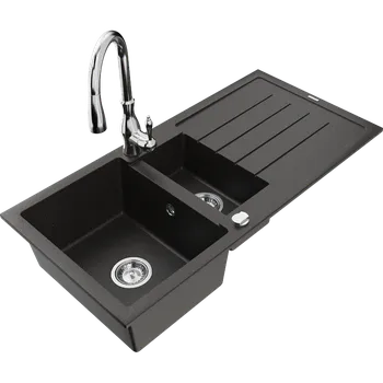 Granitový dřez Mexen Andres granitový dřez 1,5-komorový s odkapávačem a kuchyňskou baterií Savita, černý/zlatý metalický- 6515-75-672601-00 Granitové dřezy s baterií