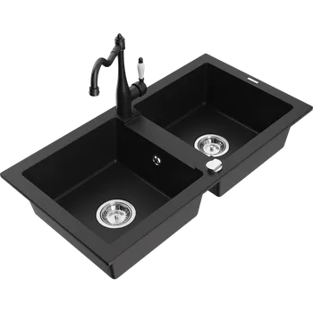 Granitový dřez Mexen Mario žulový dřez dvoukomorový s kuchyňskou baterií Carla, černý - 6504-77-670700-70 Granitové dřezy s baterií