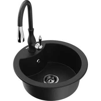 Granitový dřez Mexen Diego granitový dřez s jednou komorou a kuchyňskou baterií Savita, černý - 6512-77-672601-70-B Granitové dřezy s baterií