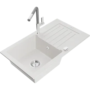 Granitový dřez Mexen Pablo granitový dřez 1-komorový s odkapávačem a kuchyňskou baterií Flora, bílý - 6510-20-670401-06 Granitové dřezy s baterií