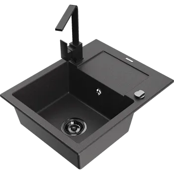 Granitový dřez Mexen Enzo granitový dřez s jednou komorou a odkapávačem a kuchyňskou baterií Rita, černý s tečkami - 6506-76-670300-70-B Granitové dřezy s baterií