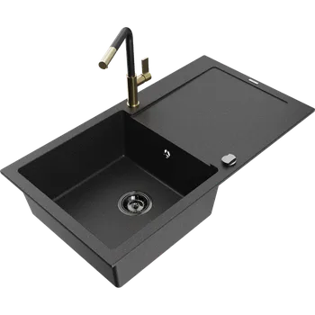Granitový dřez Mexen Leo granitový dřez 1-komorový s odkapávačem a kuchyňskou baterií Flora, černý/stříbrný metalik - 6501-73-670401-57-B Granitové dřezy s baterií