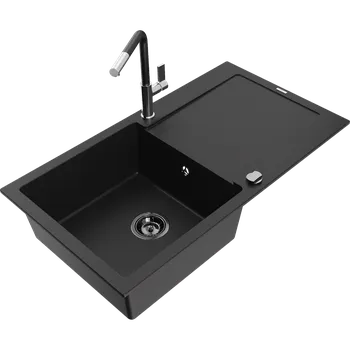Granitový dřez Mexen Leo granitový dřez 1-komorový s odkapávačem a kuchyňskou baterií Flora, černý - 6501-77-670401-07-B Granitové dřezy s baterií