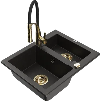 Granitový dřez Mexen Carlos granitový dřez 1,5-komorový s kuchyňskou baterií Aster, černý/zlatý metalik - 6518-75-73450-57-G Granitové dřezy s baterií